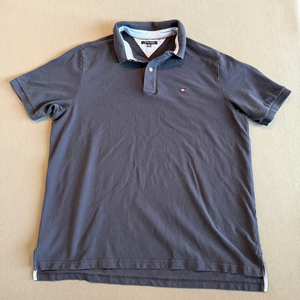 Tommy Hilfiger Men's 2XLT Navy Blue Short Sleeve Polo Shirt Flag Logo